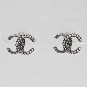 Chanel Silver Metal Crystal and Faux Pearl CC Stud Earrings
